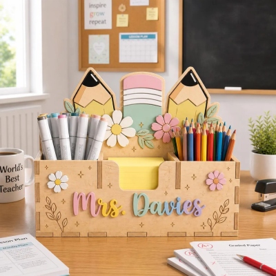 Stylos et porte-notes adhésifs personnalisés avec nom pour enseignants, organiseur de bureau en bois, décoration de salle de classe, cadeau de remerciement/d'anniversaire pour enseignants/éducateurs