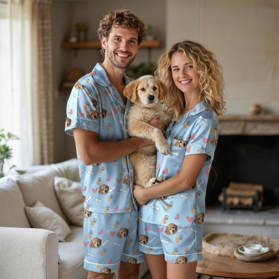 Anpassade familjeporträtt pyjamasset med namn, hund-/kattansiktsfoton, kort lång pyjamasset, årsdags-/födelsedagspresent till familj/djurälskare/ägare