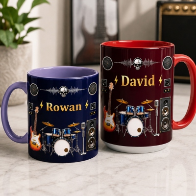 Personalized Guitar & Drum Design Rock Band Mug with Name, 11oz/15oz Two Tone Ceramic Coffee Tea Mug, Anniversary Gift for Rock Musicians/Guitarist