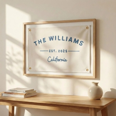 Custom Minimal Family Name Canvas Banner, Natural Embroidery Established Year Wall Flag, Living Room Entryway Decor, Housewarming Gift for Family