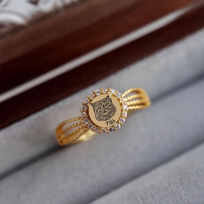 Personlig ring med halsband för husdjursporträtt och namn, sterlingsilver 925, fin ring med skiss av katt/hund, smycken för husdjur, present till husdjursmamma/ägare/kvinnor