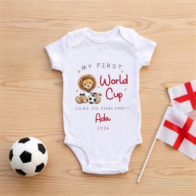Personalized My First World Cup Lion Bodysuit/Sleepsuit/T-Shirt, Custom Soft Cotton Infant Outfit with Slogan/Name/Year, Baby Shower/Game Day for Baby