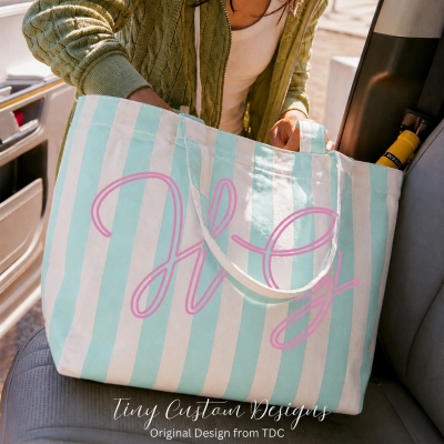 Personalisierte, gestreifte Tragetasche mit Monogramm, leichte Schultertasche aus Baumwolle, Reiseaccessoire, Hochzeits-/Strandgeschenk für Bräute/beste Freundinnen