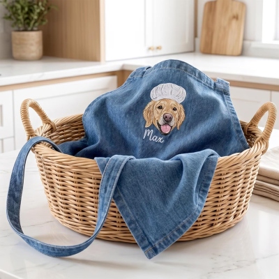 Custom Embroidered Pet Portrait Chef Hat Apron with Name, Unisex Stain-Resistant Cooking Kitchen Apron with Front Pocket, Gift for Pet Owners/Family