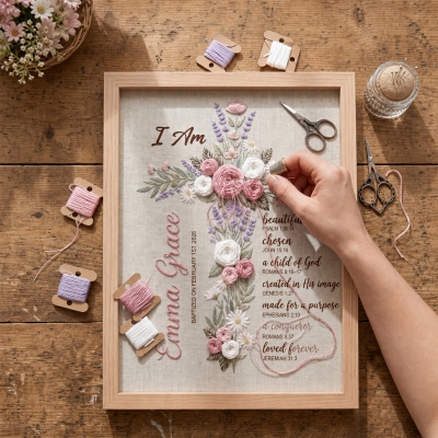 Gepersonaliseerd geborduurd bloemenkruis doopframe met naam en datum, houten wanddecoratie met linnenstructuur, kraamcadeau voor pasgeborene/familie/kinderen