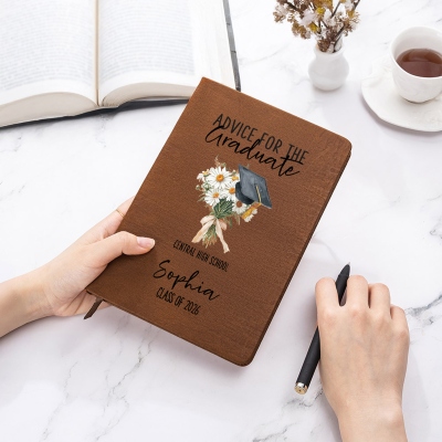 Personalized Graduation Cap Birth Flower Notebook with Name, A5 PU Leather Floral Journal, Birthday/Graduation Gift for Her/Daughter/Family/Friends