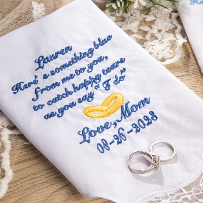 Mouchoir personnalisé en dentelle de mariage brodé en coton avec nom et date, quelque chose de bleu, cadeau de mariage de maman à fille