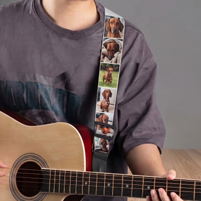 Sangle de guitare personnalisée (1 à 24 photos), toile résistante avec boucle réglable, accessoire de guitare, cadeau d'anniversaire ou de commémoration pour les passionnés de guitare et leurs amis.