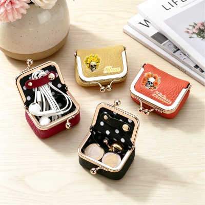 Personalized Name Birth Flower Skull Kiss Lock Leather Mini Jewelry Box, Vintage-inspired Travel Coin Purse, Birthday/Halloween Gift for Women