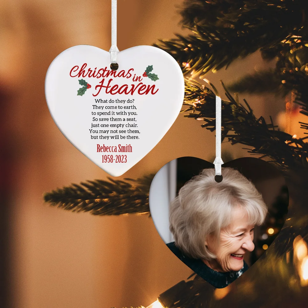 Personalized Christmas in Heaven Ornament, Custom Name & Photo Ornament with Heart Charm, Memorial Ornament, Christmas Tree Decor, Gift for Family/Her