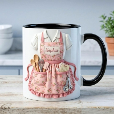 Tasse tablier de cuisine florale 3D personnalisée avec nom, tasse à café/chocolat chaud en céramique avec accessoires réalistes, cadeau pour la fête des mères, maman pâtissière