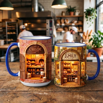 Gepersonaliseerde mini-bakkerijmok met naam, schattige mok met bakkerij-illustratie, tweekleurige keramische koffiemok van 325 ml/440 ml, verjaardagscadeau voor een bakliefhebber.