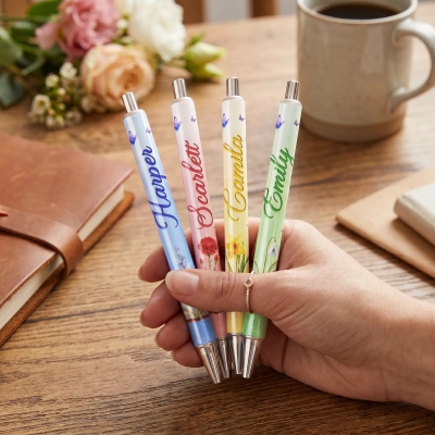 Personalized Name Birth Flower Book Design Gel Pen, Retractable Ballpoint Pen, Birthday/Graduation/Back to School Gift for Students/Teachers/Women
