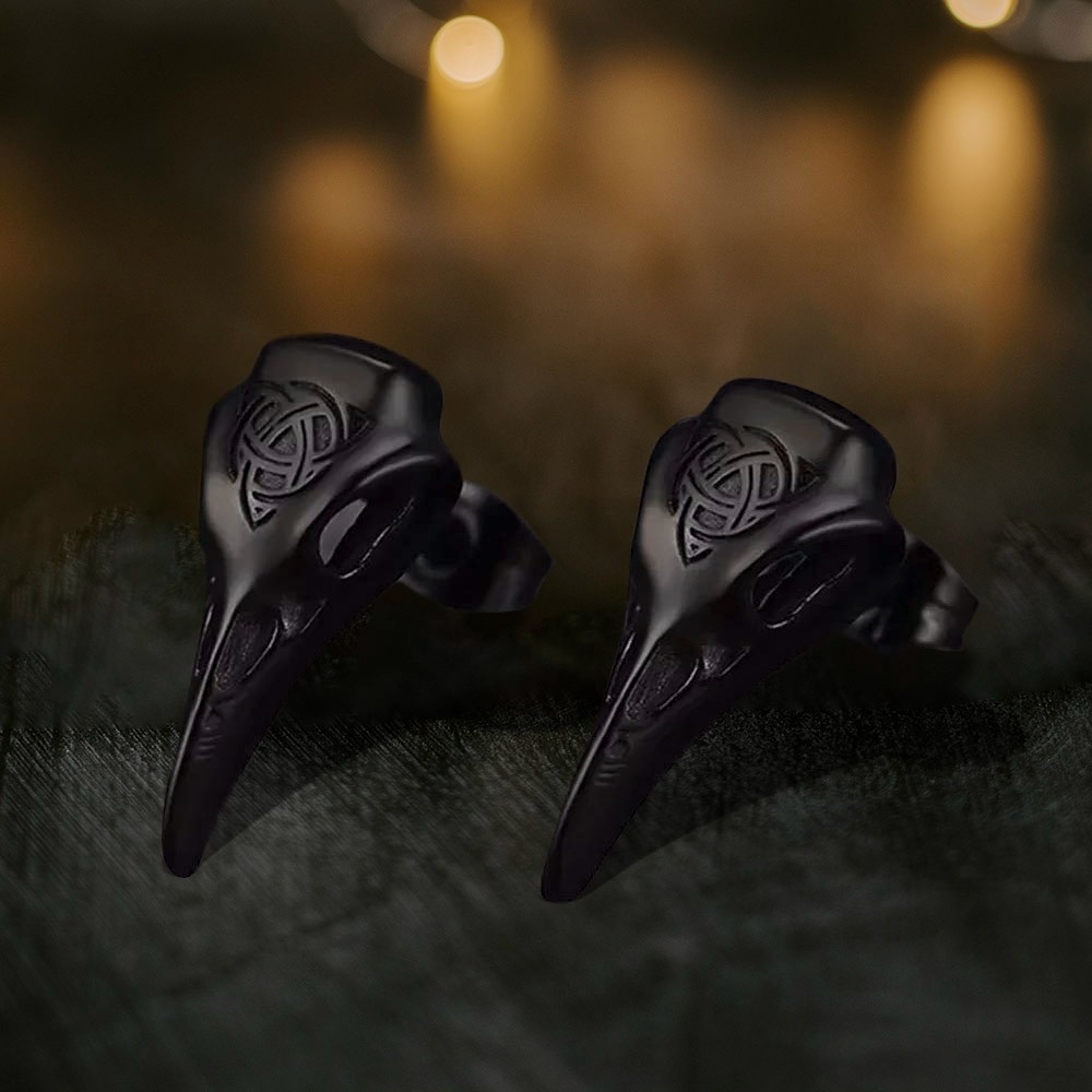 Viking Raven Skull Stud Earrings with Celtic Knot, Vintage Jewelry Thor's Hammer Studs Wolf Head Stud Earrings for Men/Women