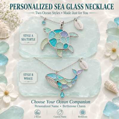 Personalized Sea Glass Name Necklace with Birthstone, Sea Turtle Whale Pendant, Ocean Themed Dainty Jewelry, Gift for Mom/Wife/Beach Lovers