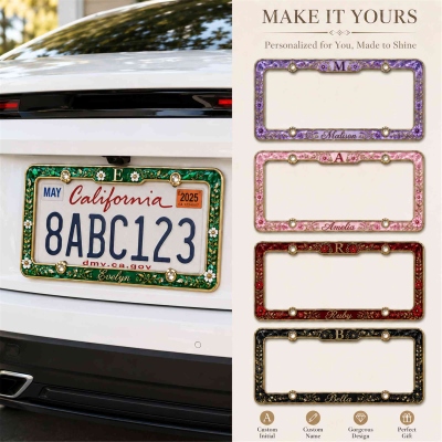 Personalized Initial & Name License Plate Frame, Luxury Auto Tag Holder with 7 Colors, Elegant Decorative Car Accessory, Gift for Women/Girl Drivers