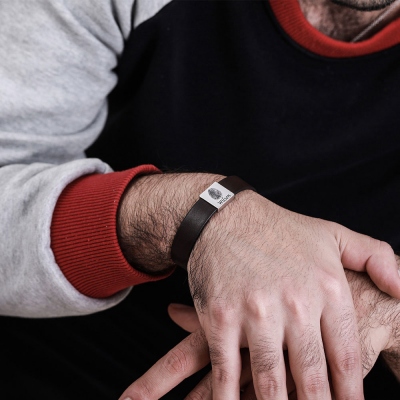 Personalized Men's Leather Bracelet with Couple's Fingerprint