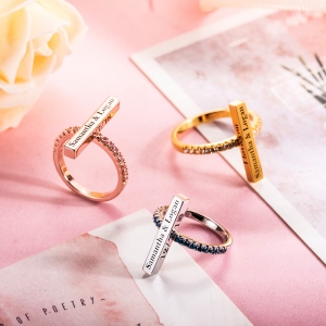 Engraved Bar Ring with Birthstone in Rose Gold