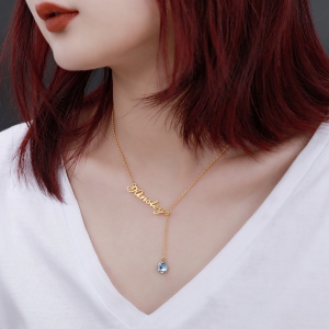 Personalized Simple Name & Birthstone Y Necklace in Gold