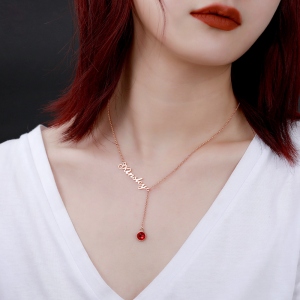 Personalized Simple Name & Birthstone Y Necklace in Rose Gold