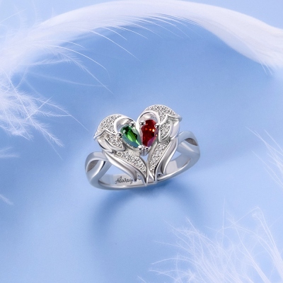 Bague ailes d'ange personnalisée avec deux pierres de naissance