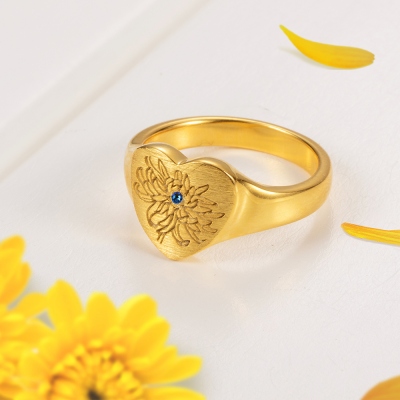 Personalized Birth Flower Signet Ring