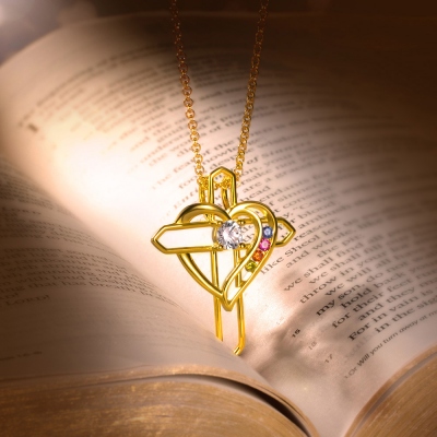 Personalized Heart & Cross Birthstone Necklace