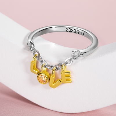 Personalized LOVE Ring with Birthstone for Her