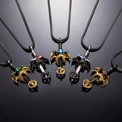Sword Necklace with Cross Dragon Birthstone Pendant