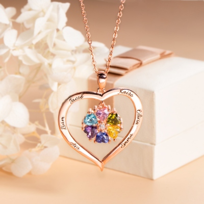 Personalized Heart Birthstone Necklace with Engraving in Silver