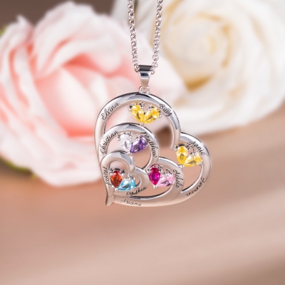 Heart-shaped Birthstone Family Necklace with Customized 1-10 Names