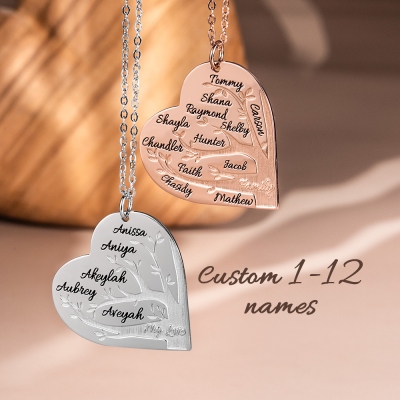 Collier arbre généalogique personnalisé 1-12 noms coeur