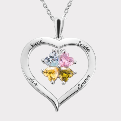 Personalized 4 Heart Birthstones Necklace with Engraving in Silver