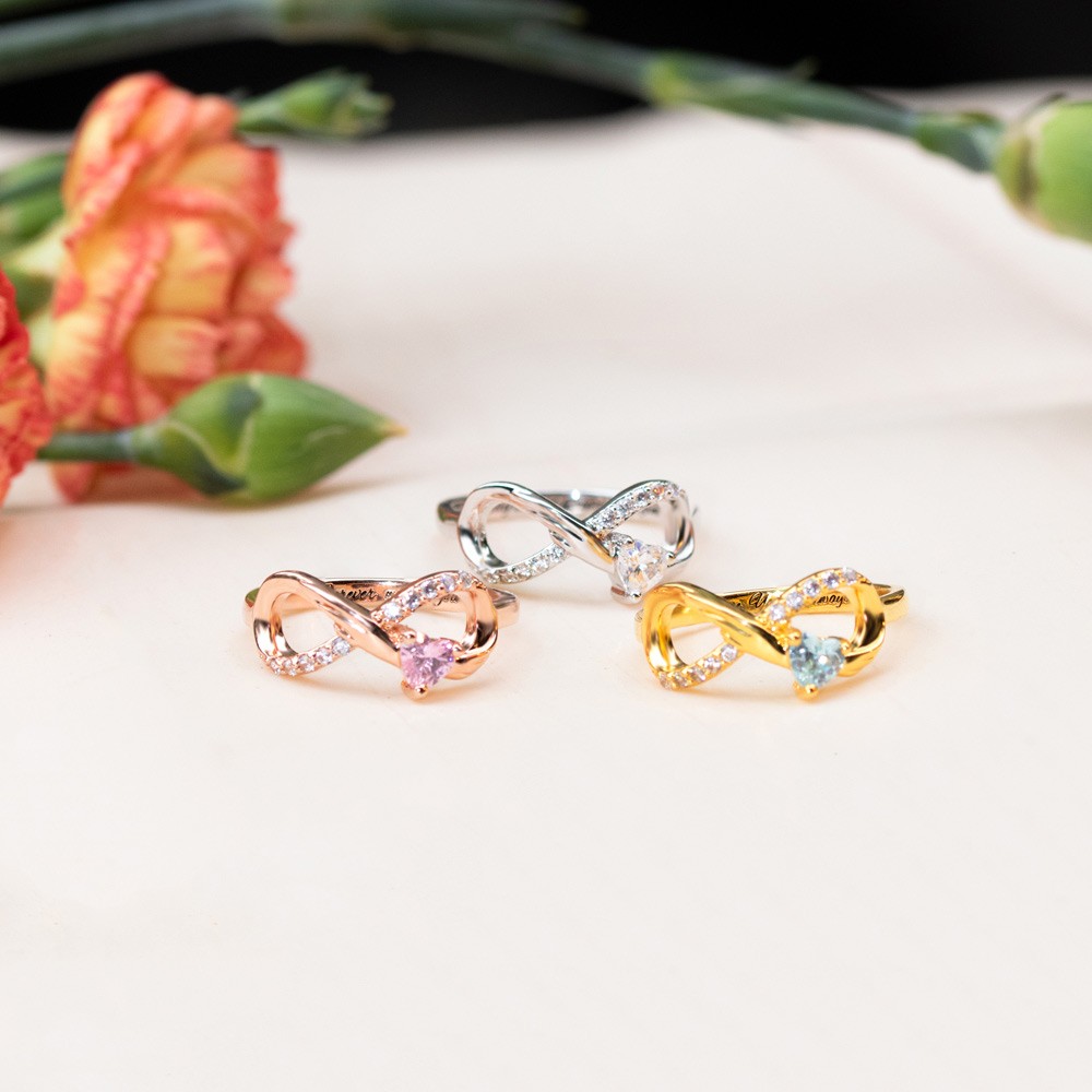 Personalized Infinity Ring with Heart Birthstone, 925 Sterling Silver Angel Wings Rings for Engagement/Wedding/Promise