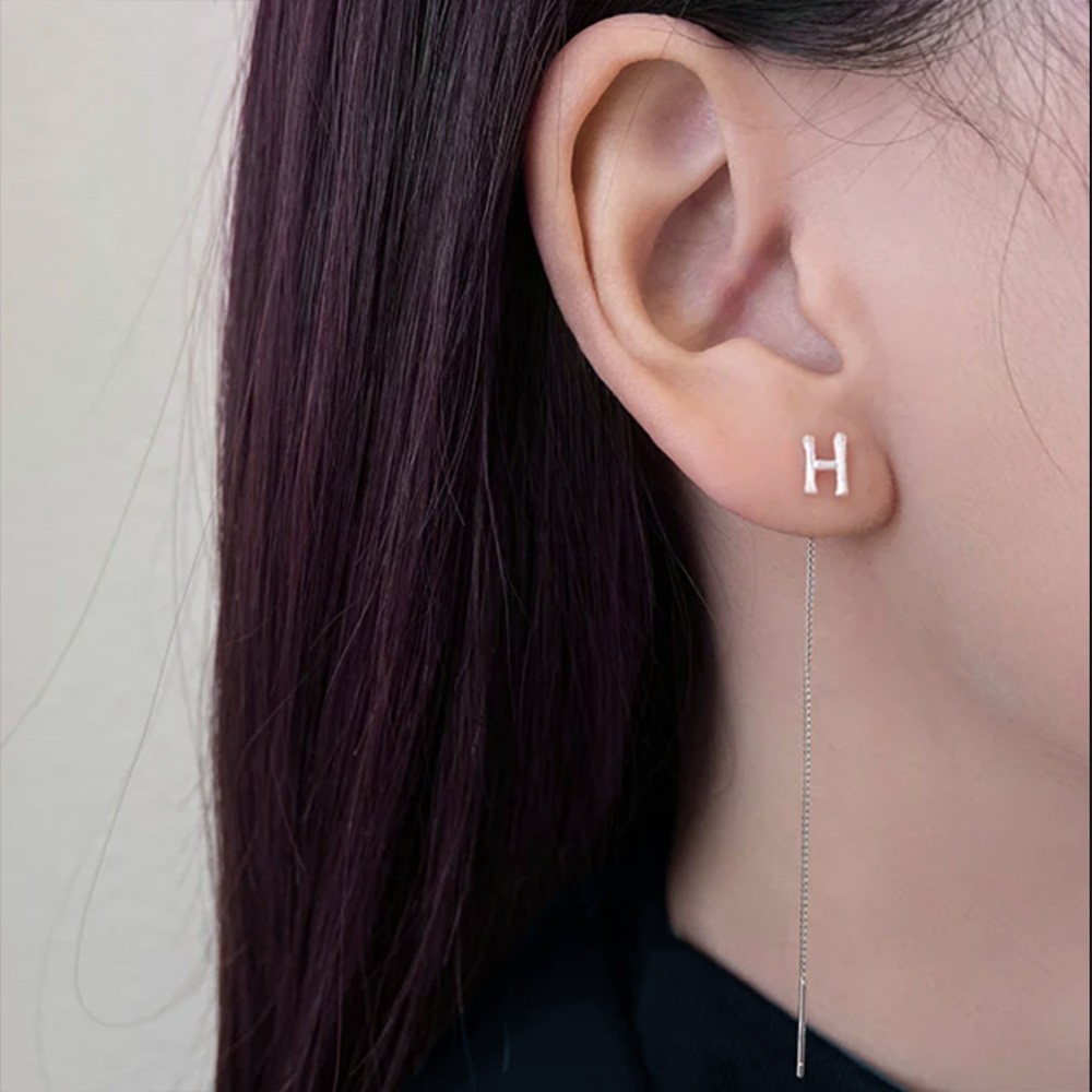 Chain Earring with Custom Initial, Sterling Silver 925 Alphabet Letter Earrings Dangle for Girls