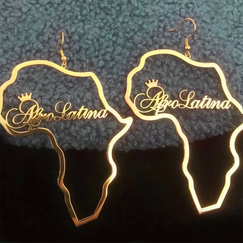 Personalized Name Africa Map Earrings, Custom Hoop Earrings with Crown Name, for Christmas/Birthday/Ethnic/Valentine Gift