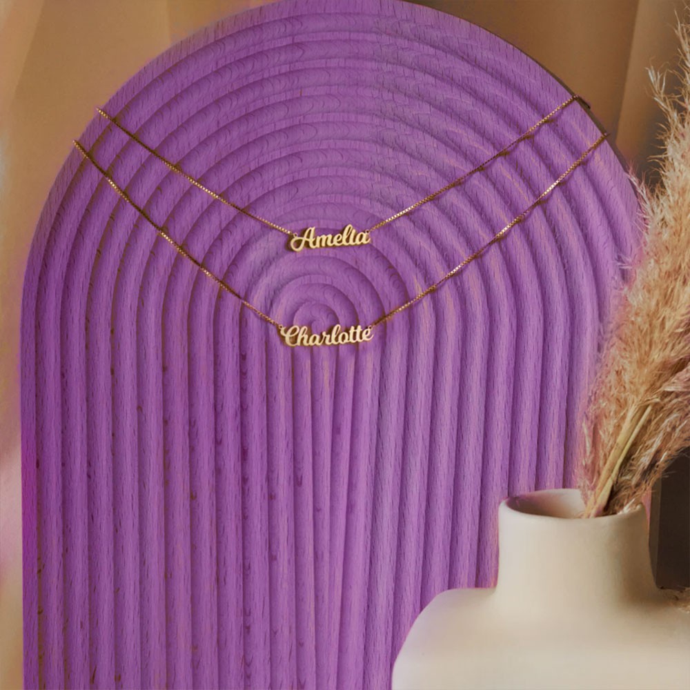 Colar de nome personalizado colar de corrente dupla com nome, colar em camadas minimalista conjunto de 2, presente de joias com nome de caligrafia para ela