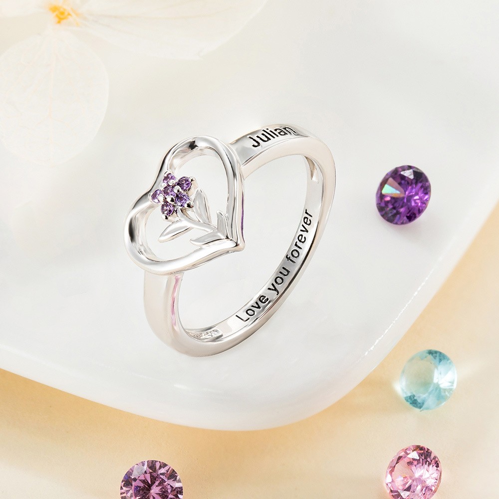 Custom 1-8 Birthstone Flower Ring with Engraving, Our Family Is A Garden Of Love Heart Ring, Flower Design Garden Family Ring for Grandmother/Mother
