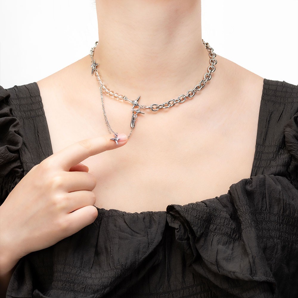 Gothic Style Choker, Multi-layer Streetwear Punk Necklace, Dark Style Lollita Choker, Silver Crystal Punk Jewelry for Women Teen Girls