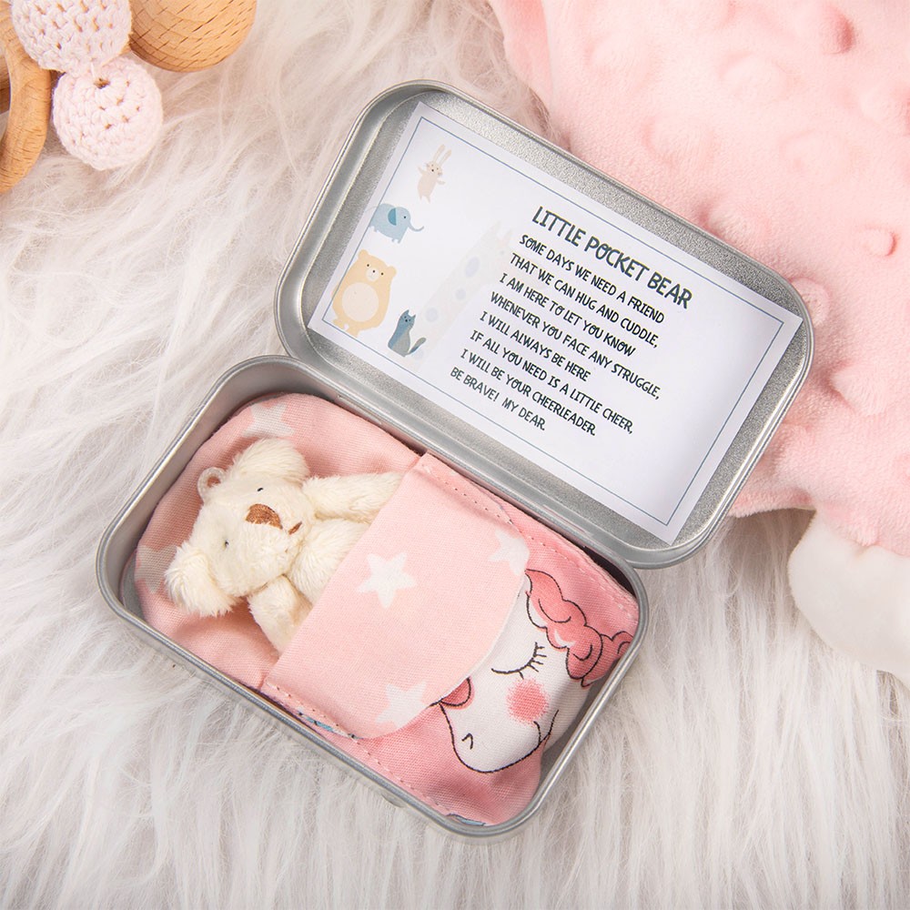 A Little Pocket Bear, Custom Stuffed Bear in a Tin, Pink Unicorn/Blue Dinosaur Quilt, Worry Doll Cute Fun Bear Pocket Hug Gift