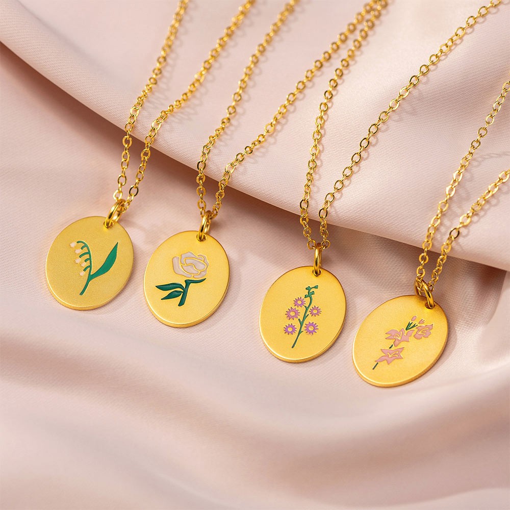Colar de flores de nascimento de esmalte personalizado com nome, pingente de charme gravado em ouro, presente de aniversário/dia das mães para esposa/mãe/namorada/filha
