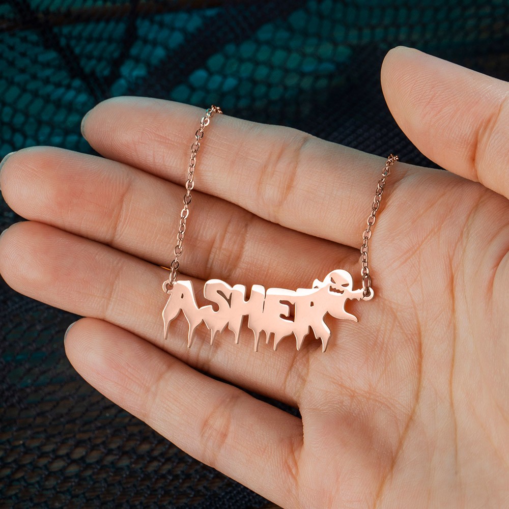Custom Halloween Name Necklace, Gothic Jewelry with Pumpkin Bat Ghost Witch Style, Dainty Pendant, Necklace Halloween Gift for Family