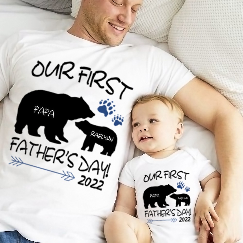 Nom personnalisé chemise parent-enfant, notre première chemise fête des pères ensemble 2022, chemise en coton, cadeau d'anniversaire/père pour papa/grand-père