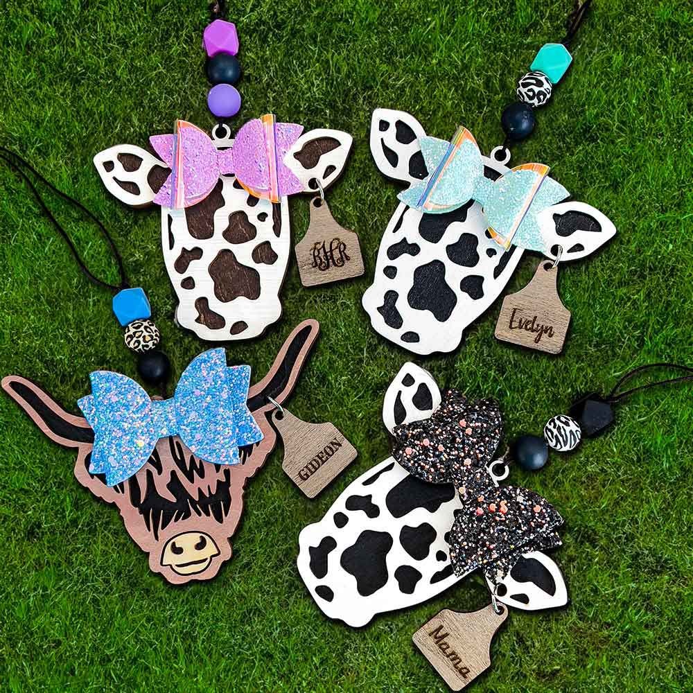 Custom Highland Cattle Cow Print Car Charm with Bow, Rear View Mirror Accessories with Engraved Name Tag, Birthday Gift for Women/Cow Lover