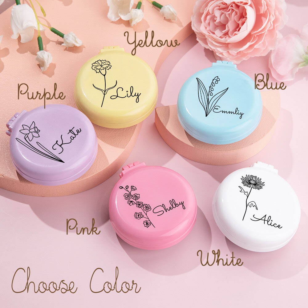 Personalized Birthflower Name Air Cushion&Mirror Comb, Custom Portable Mini Air Cushion Mirror Comb, Round Foldable Comb with Mirror, Gift for Her