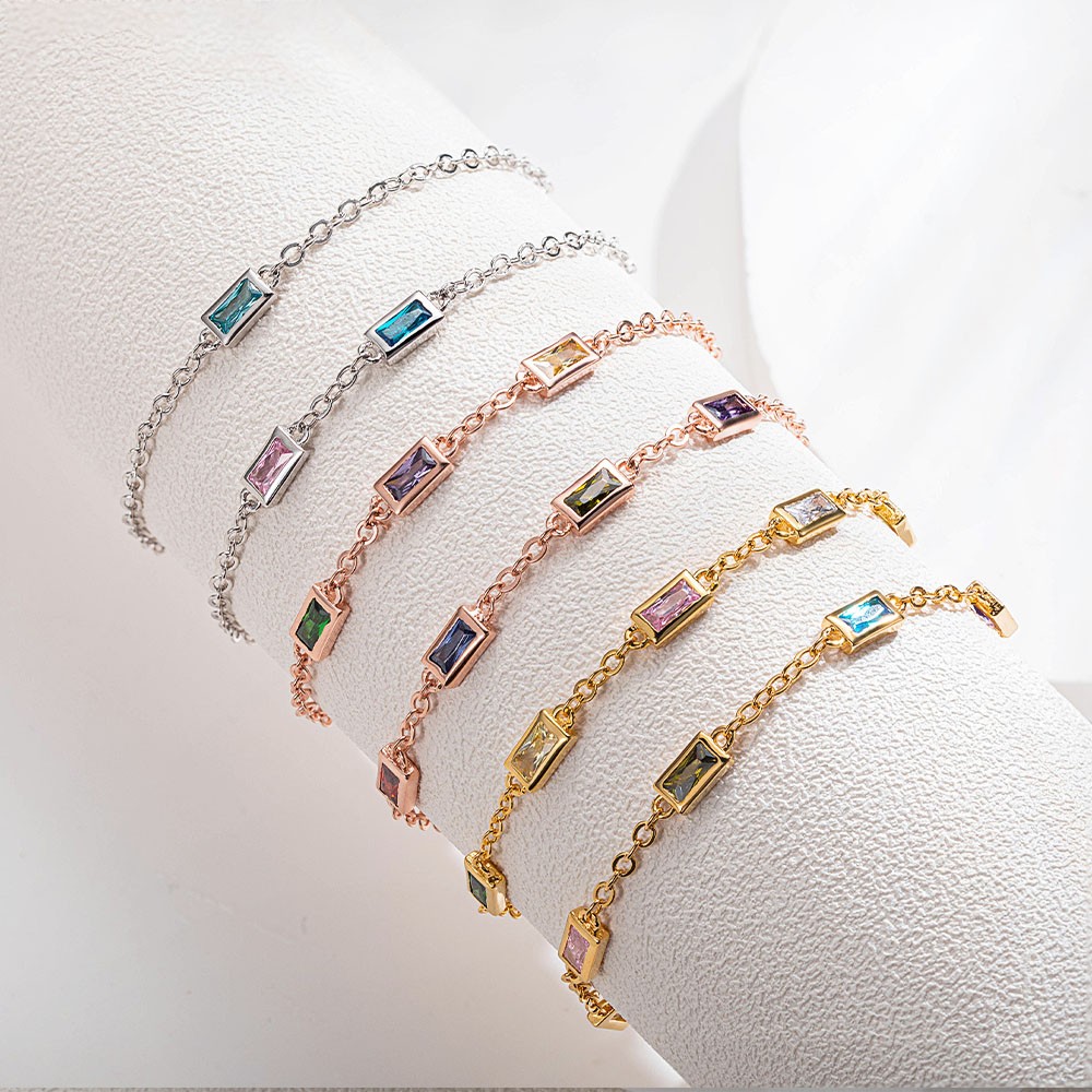 Personalized Rectangular Birthstone Bracelet, Dainty Birthstone Bracelet, Family Birthstone Bracelet, Mother's Day/Anniversary Gift for Mom/Wife