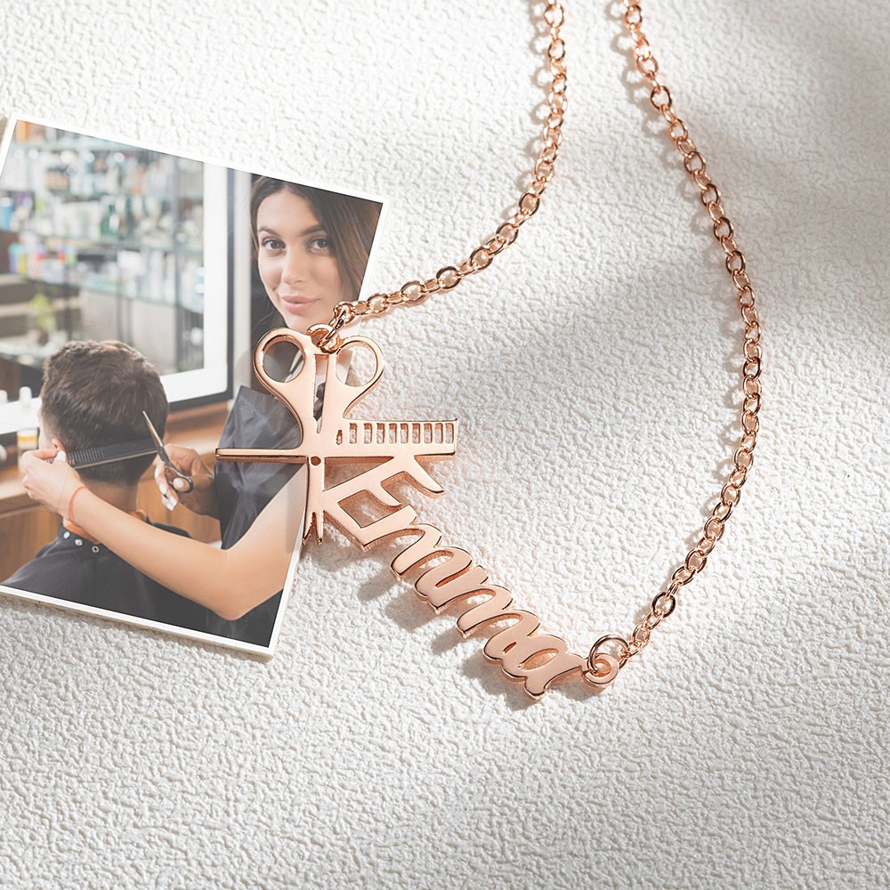 Personalized Hairdresser Name Necklace, Scissors and Comb Necklace, Nameplate Necklace, Gift for Hairdressers/Hairstylists/Barbers