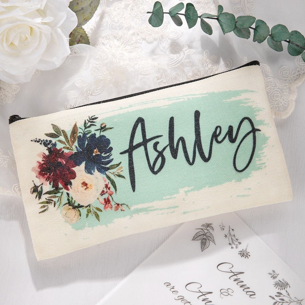 Trousse de maquillage personnalisée pour femme, cadeaux de proposition de demoiselle d'honneur, pochette cosmétique en toile monogramme personnalisée, cadeaux de mariage, ensemble cadeau de maquillage