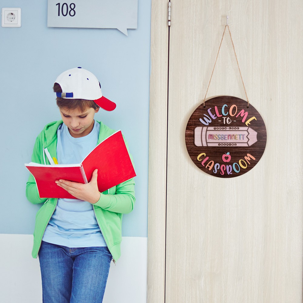 Panneau de porte d’enseignant personnalisé, décor de bureau d’enseignant en bois, panneau de bienvenue de cintre de porte de classe, journée de l’enseignant/appréciation/fin d’année/cadeau de rentrée scolaire