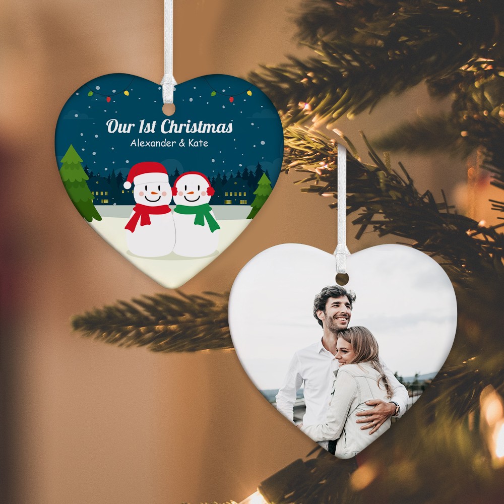 Personalized First Christmas Ornaments for Couples, Custom Name & Photo Snowman Couple Decorations, Christmas Gifts, Gifts for Newlyweds/Couples